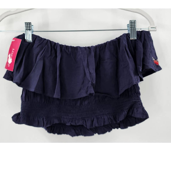 NWT New Xhiliration Navy / Blue Faux Needle Point Embroidered Tube Top Ruffled M - Picture 6 of 7